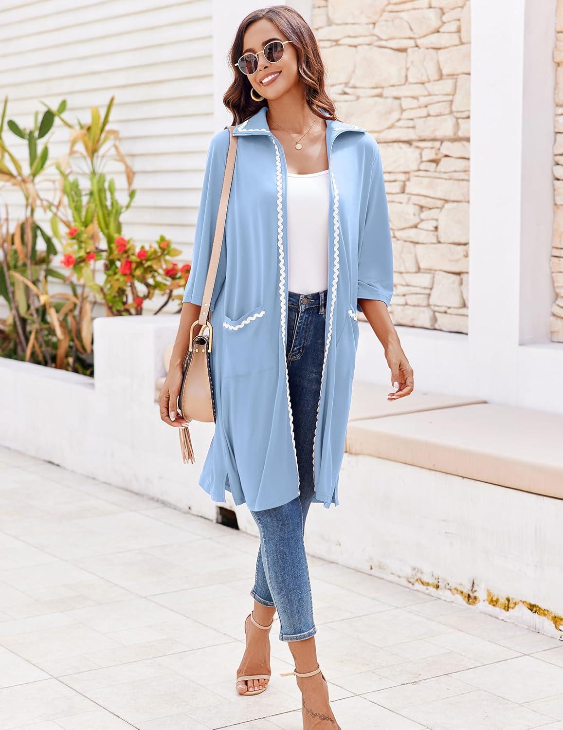 imageEkouaer Women Zipper Robe Lightweight House Coat Zipper Front Short Bathrobes Soft Nightgown with Pockets S3XLLight Blue