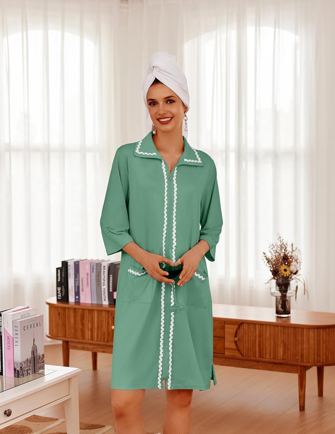 imageEkouaer Women Zipper Robe Lightweight House Coat Zipper Front Short Bathrobes Soft Nightgown with Pockets S3XLMint Green