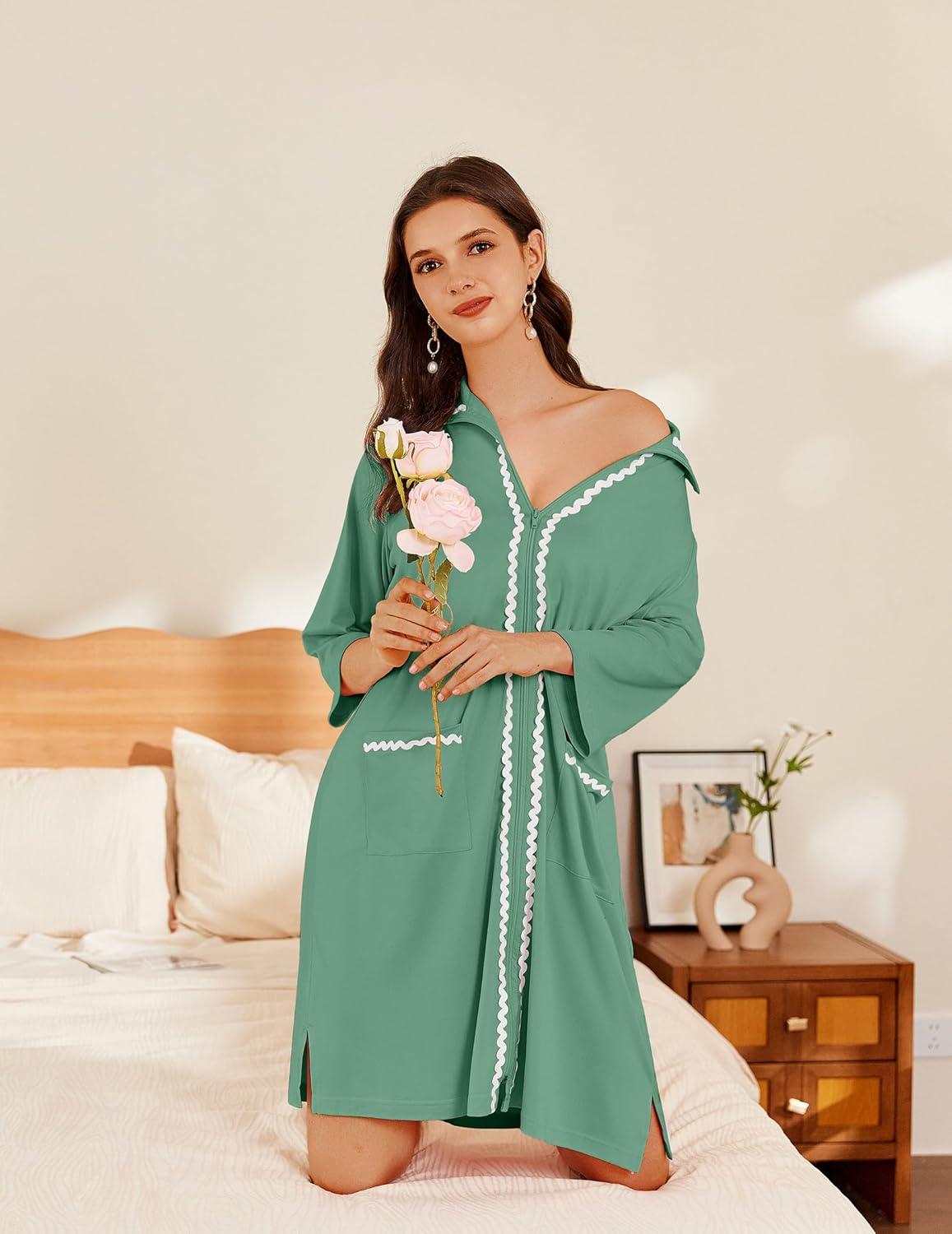 imageEkouaer Women Zipper Robe Lightweight House Coat Zipper Front Short Bathrobes Soft Nightgown with Pockets S3XLMint Green