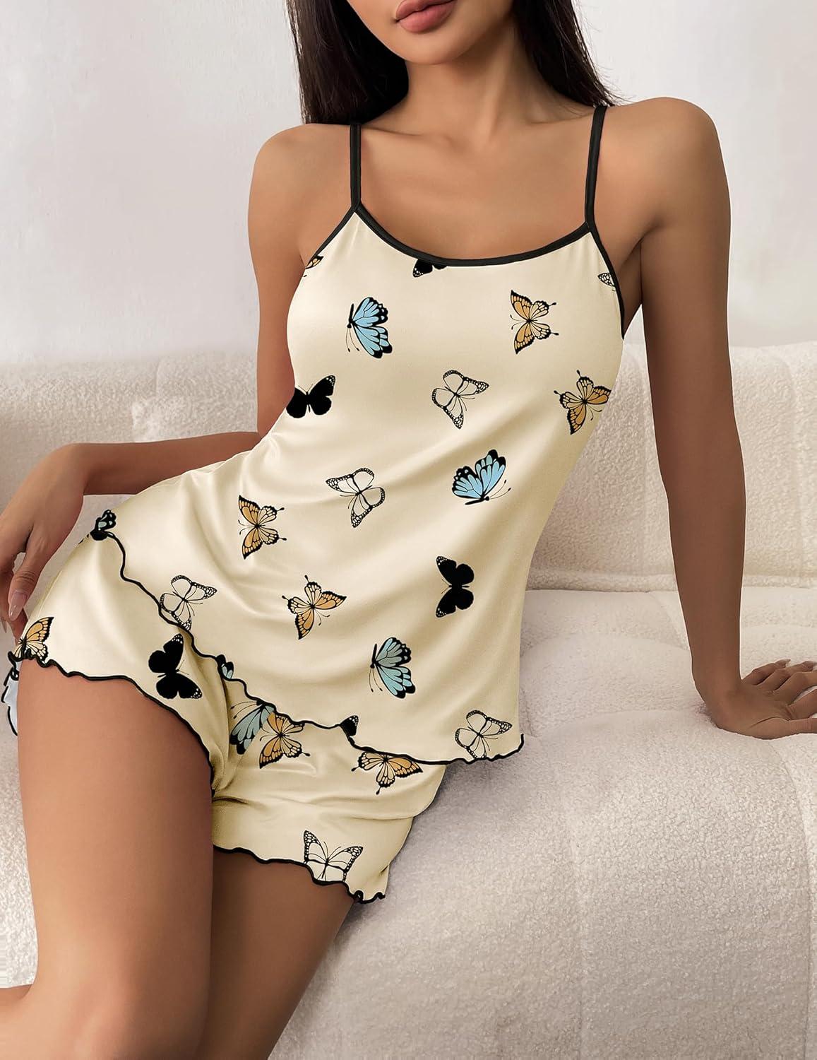 imageEkouaer Womens Cami Pajama Sets 2 Piece Cute Print Pjs Soft Tank Top amp Elastic Waist Shorts Camisole Lounge SetBeige Butterfly