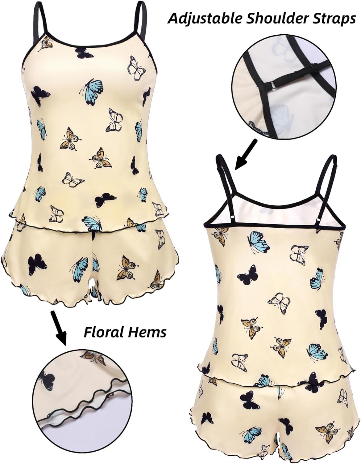 imageEkouaer Womens Cami Pajama Sets 2 Piece Cute Print Pjs Soft Tank Top amp Elastic Waist Shorts Camisole Lounge SetBeige Butterfly
