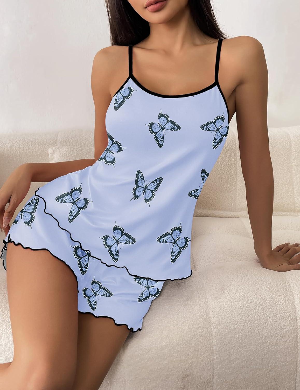 imageEkouaer Womens Cami Pajama Sets 2 Piece Cute Print Pjs Soft Tank Top amp Elastic Waist Shorts Camisole Lounge SetBlue Butterfly