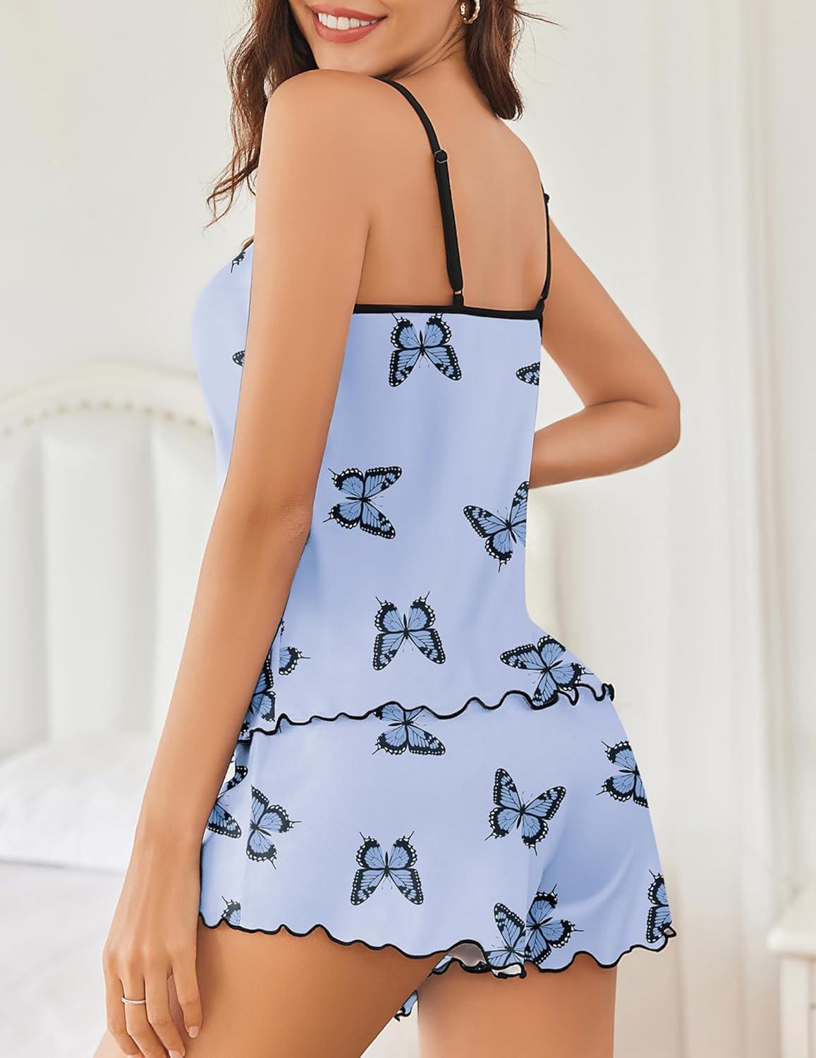 imageEkouaer Womens Cami Pajama Sets 2 Piece Cute Print Pjs Soft Tank Top amp Elastic Waist Shorts Camisole Lounge SetBlue Butterfly