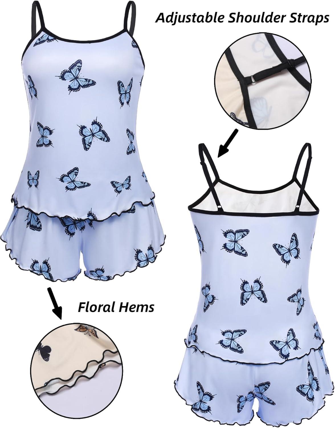 imageEkouaer Womens Cami Pajama Sets 2 Piece Cute Print Pjs Soft Tank Top amp Elastic Waist Shorts Camisole Lounge SetBlue Butterfly