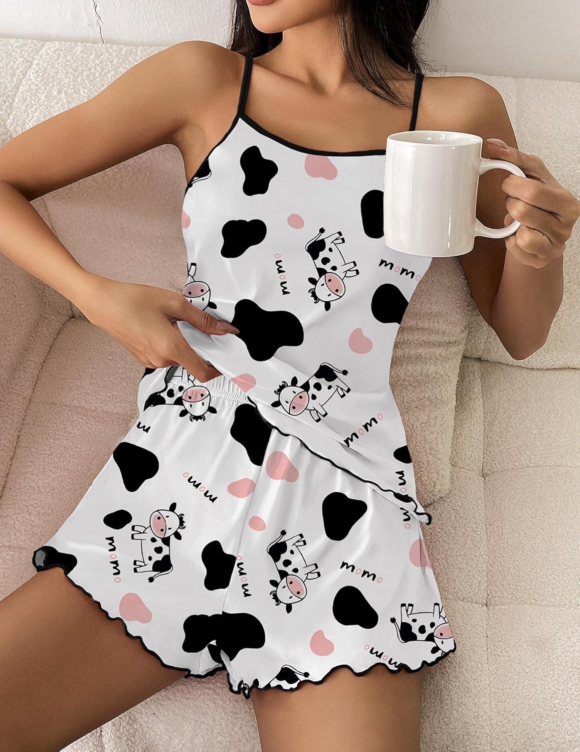 imageEkouaer Womens Cami Pajama Sets 2 Piece Cute Print Pjs Soft Tank Top amp Elastic Waist Shorts Camisole Lounge SetCow