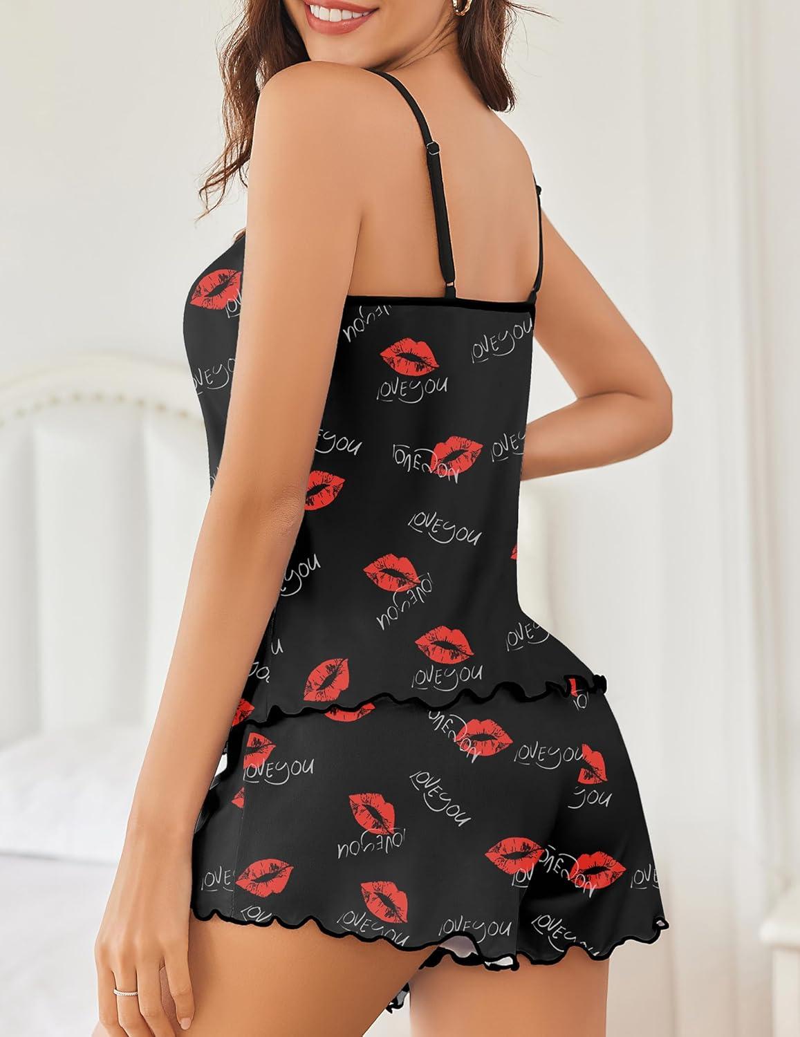 imageEkouaer Womens Cami Pajama Sets 2 Piece Cute Print Pjs Soft Tank Top amp Elastic Waist Shorts Camisole Lounge SetRed Lip