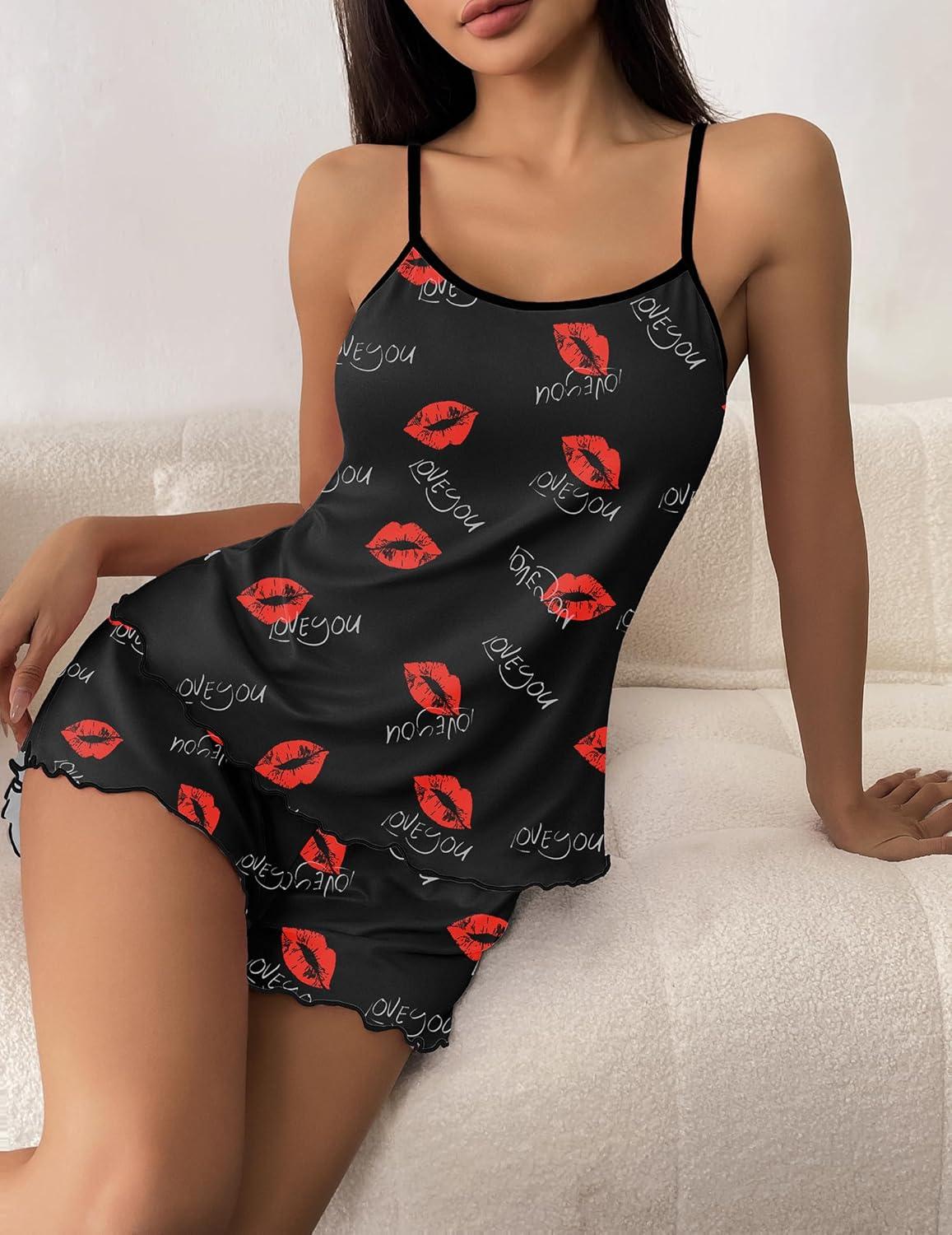 imageEkouaer Womens Cami Pajama Sets 2 Piece Cute Print Pjs Soft Tank Top amp Elastic Waist Shorts Camisole Lounge SetRed Lip