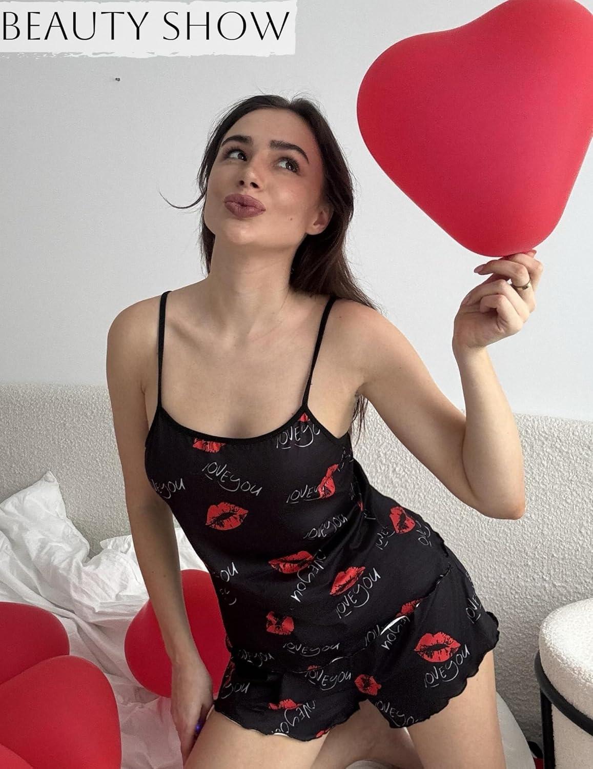 imageEkouaer Womens Cami Pajama Sets 2 Piece Cute Print Pjs Soft Tank Top amp Elastic Waist Shorts Camisole Lounge SetRed Lip