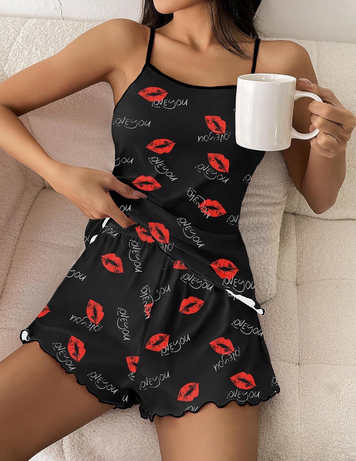 imageEkouaer Womens Cami Pajama Sets 2 Piece Cute Print Pjs Soft Tank Top amp Elastic Waist Shorts Camisole Lounge SetRed Lip