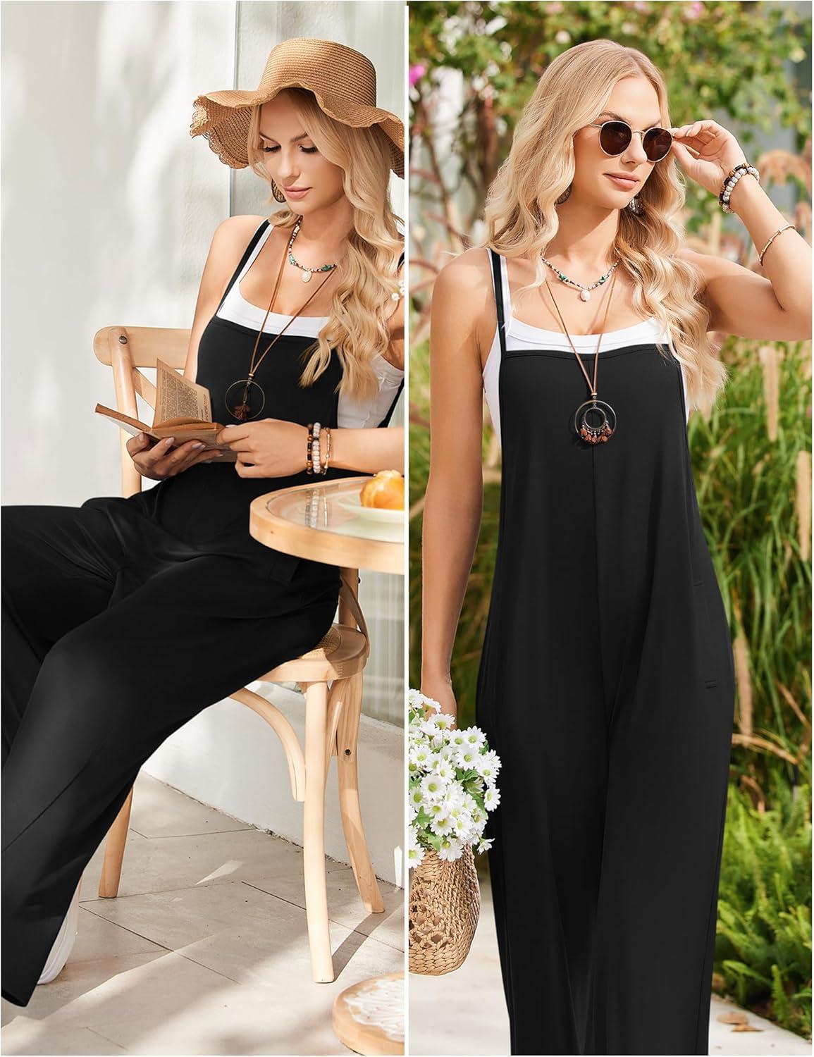 imageEkouaer Womens Causal Sleeveless Jumpsuits Summer Boho Wide Leg Floral Rompers Overalls with PocketsBlack