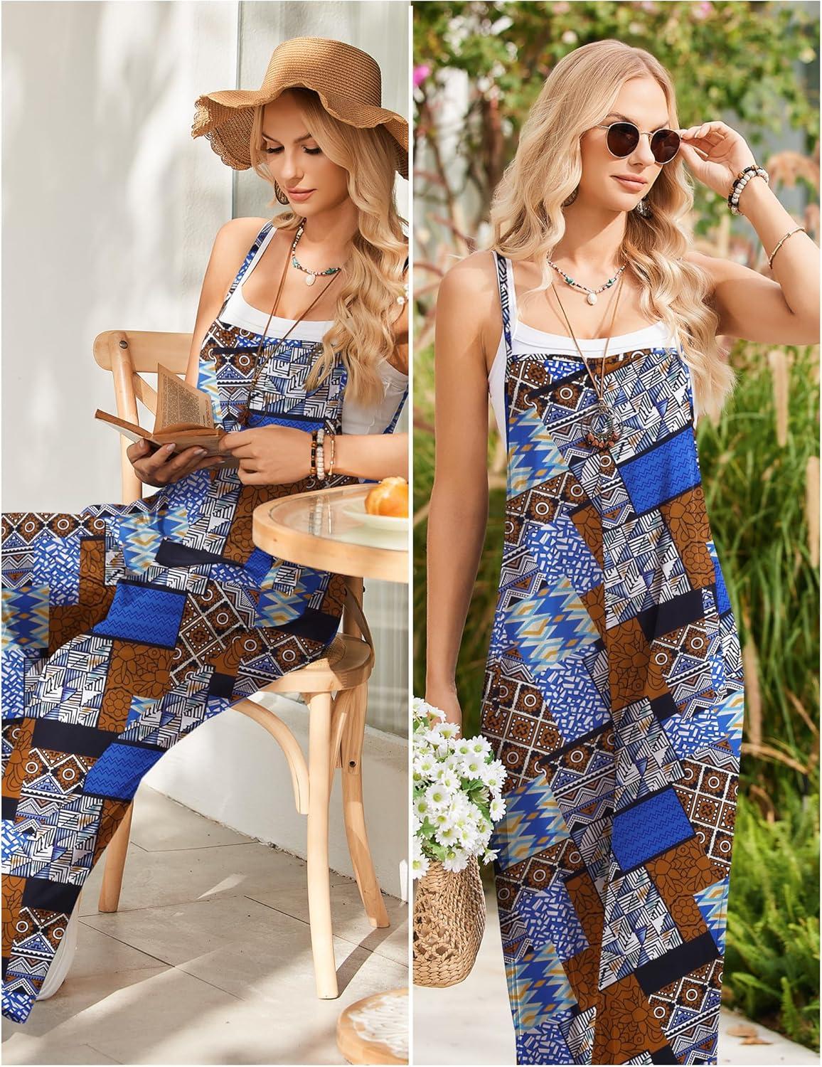 imageEkouaer Womens Causal Sleeveless Jumpsuits Summer Boho Wide Leg Floral Rompers Overalls with PocketsBlue Boho Print