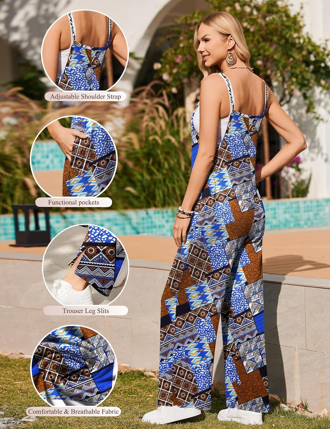 imageEkouaer Womens Causal Sleeveless Jumpsuits Summer Boho Wide Leg Floral Rompers Overalls with PocketsBlue Boho Print