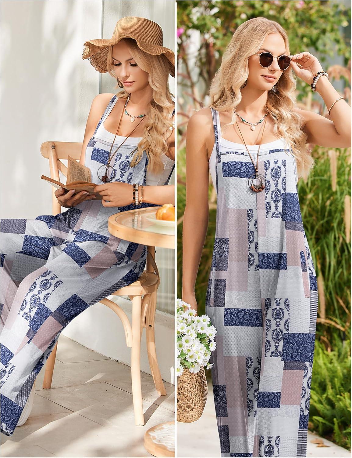 imageEkouaer Womens Causal Sleeveless Jumpsuits Summer Boho Wide Leg Floral Rompers Overalls with PocketsGrey Boho Print