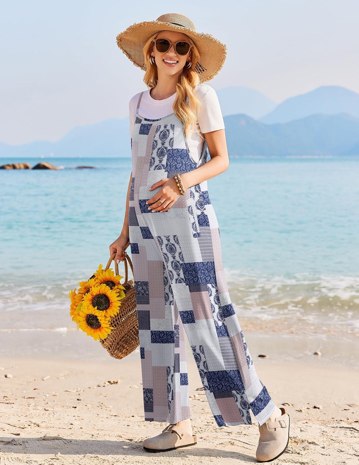 imageEkouaer Womens Causal Sleeveless Jumpsuits Summer Boho Wide Leg Floral Rompers Overalls with PocketsGrey Boho Print