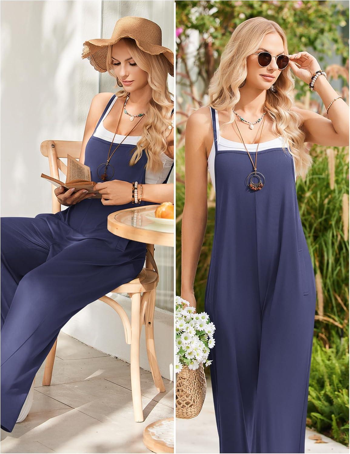 imageEkouaer Womens Causal Sleeveless Jumpsuits Summer Boho Wide Leg Floral Rompers Overalls with PocketsNavy Blue