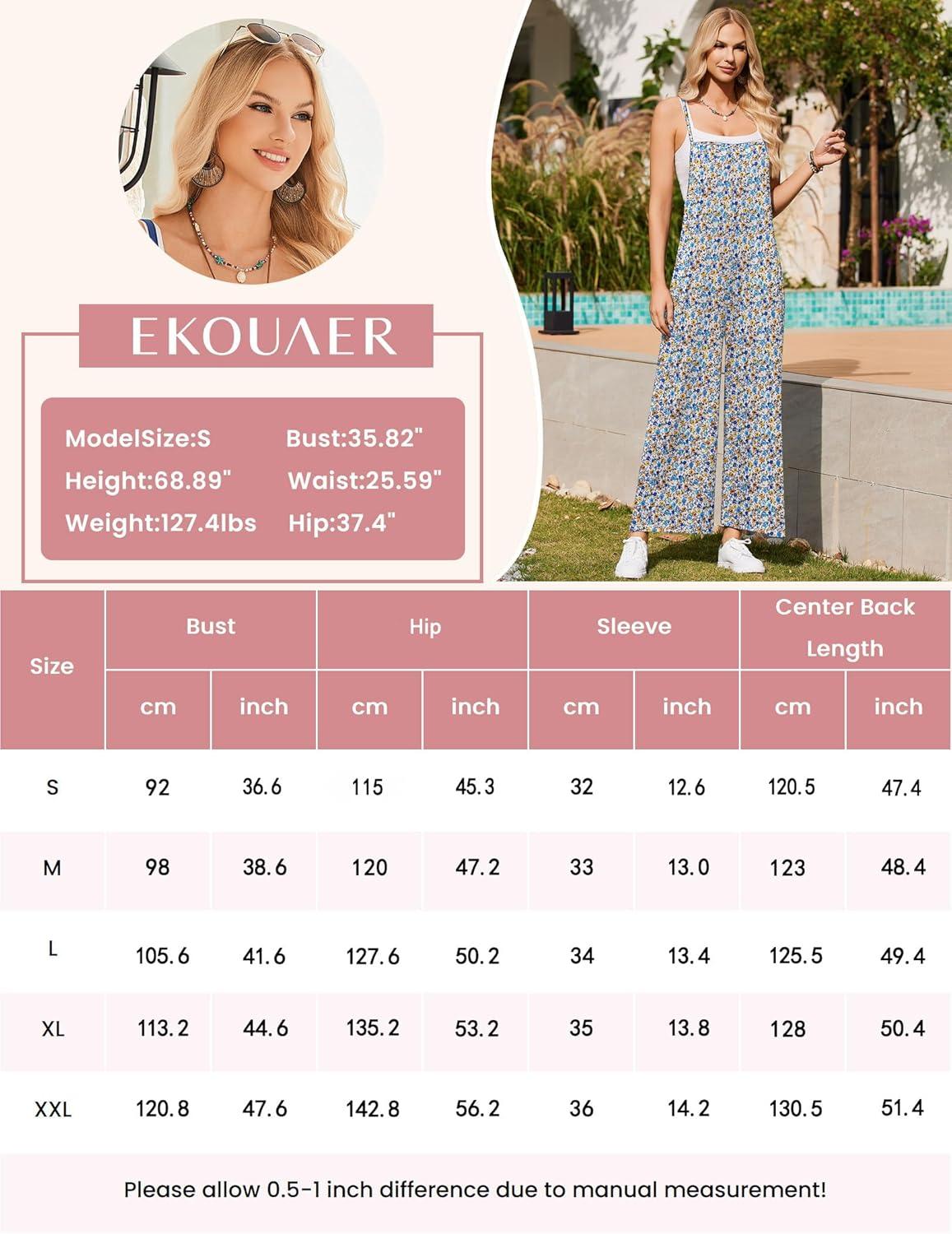 imageEkouaer Womens Causal Sleeveless Jumpsuits Summer Boho Wide Leg Floral Rompers Overalls with PocketsPlant Leaves Floral