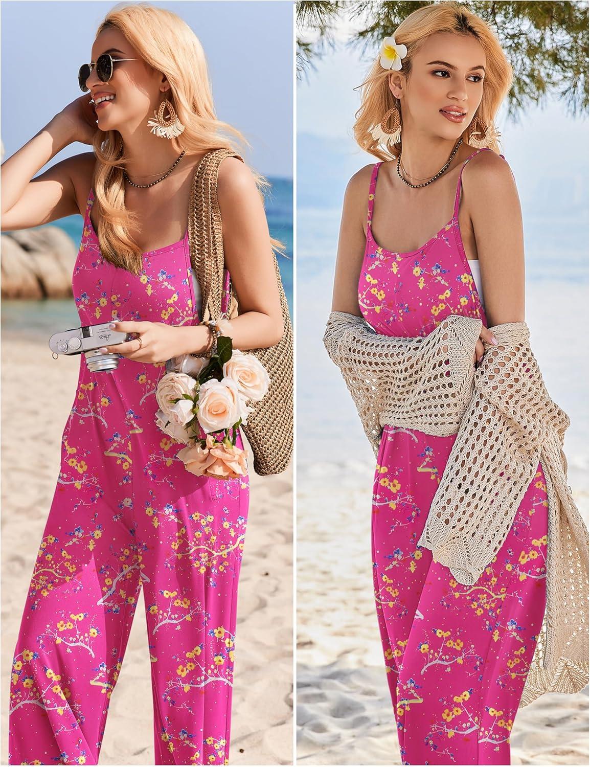 imageEkouaer Womens Causal Sleeveless Jumpsuits Summer Boho Wide Leg Floral Rompers Overalls with PocketsRose Pink Floral