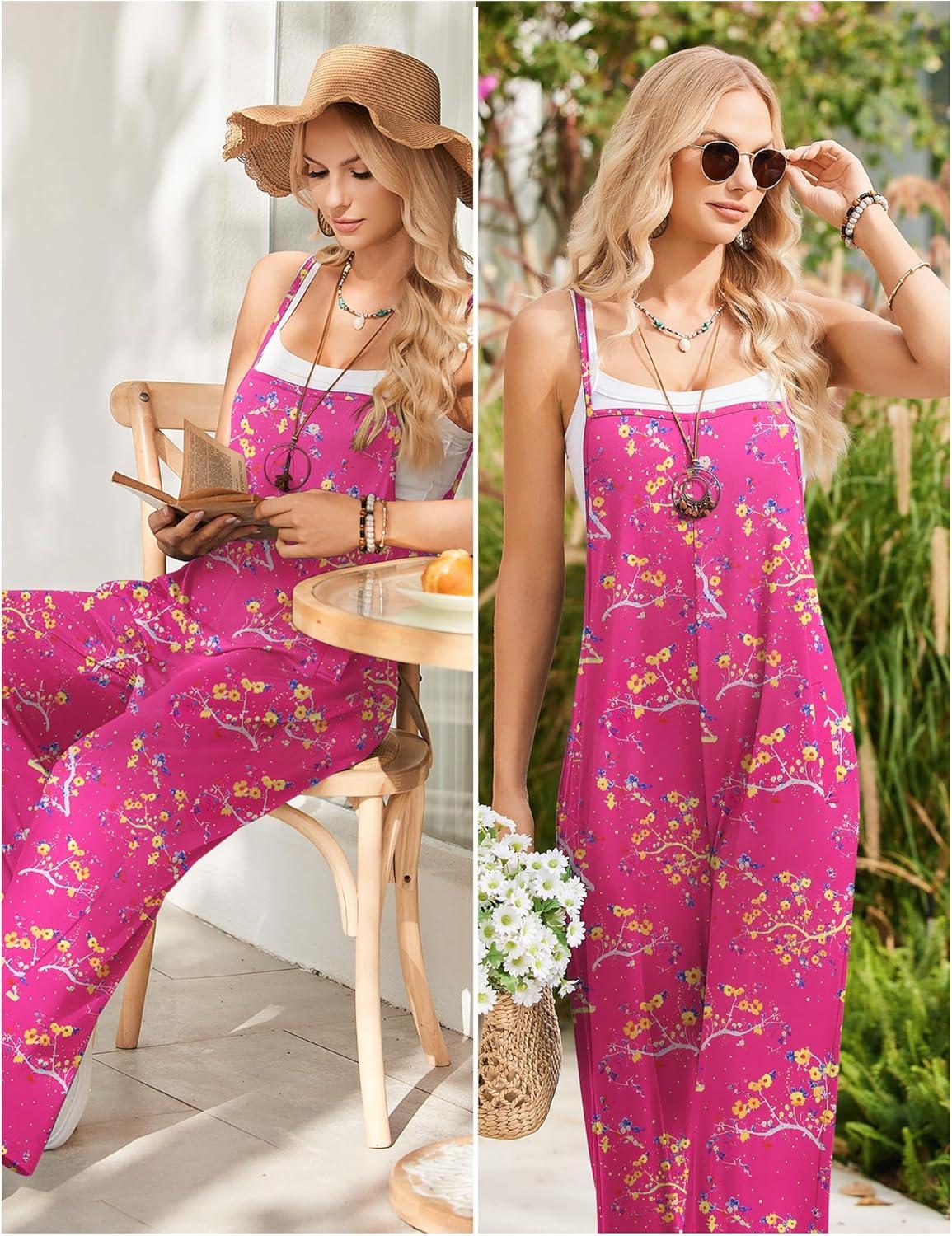 imageEkouaer Womens Causal Sleeveless Jumpsuits Summer Boho Wide Leg Floral Rompers Overalls with PocketsRose Pink Floral