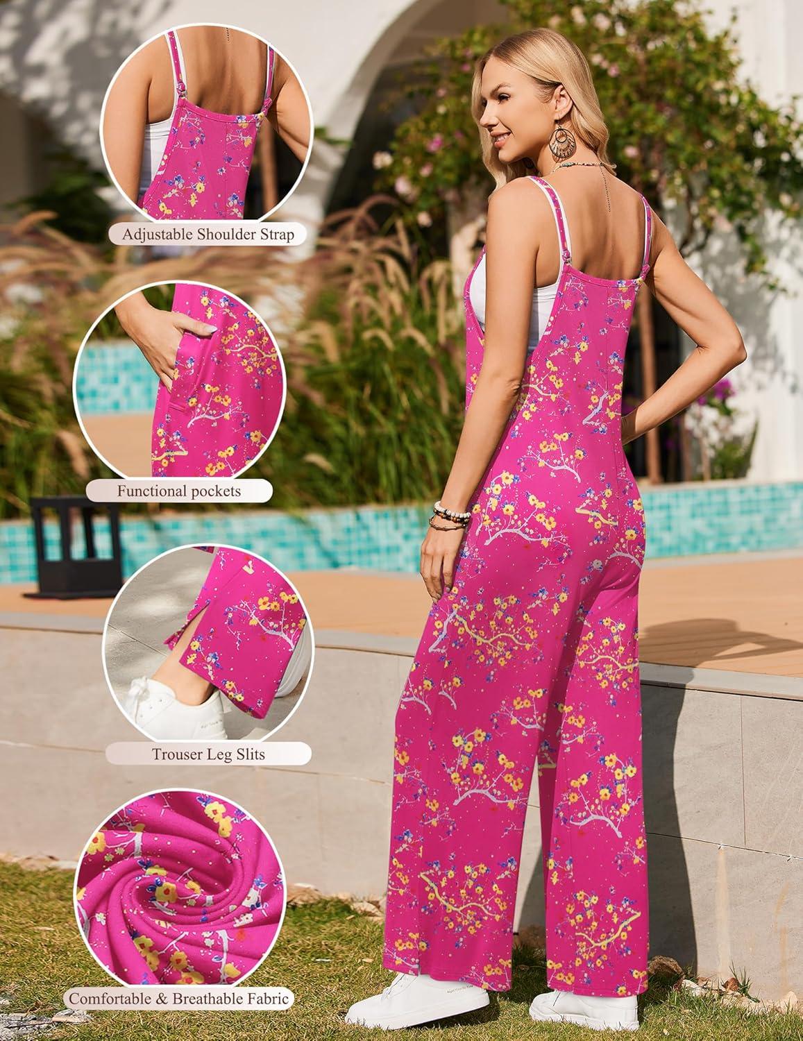 imageEkouaer Womens Causal Sleeveless Jumpsuits Summer Boho Wide Leg Floral Rompers Overalls with PocketsRose Pink Floral
