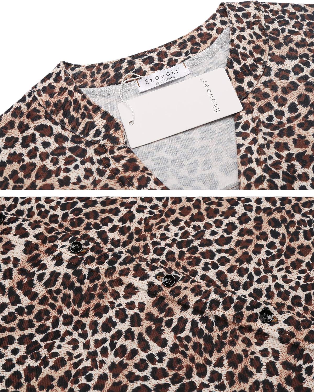imageEkouaer Womens Nightgown V Neck Striped Button Down Sleepwear 34 Sleeves Nightshirts Soft Button Sleep Dress SXXLSmall Leopard