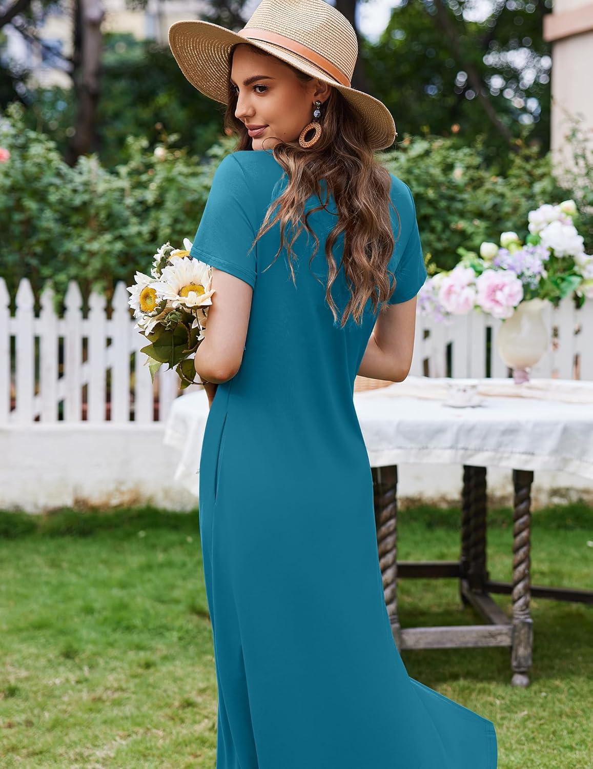 imageEkouaer Womens Nursing Dress Summer V Neck Short Sleeve Maternity Split Long Dresses for Breastfeeding with Pockets SXXLTeal