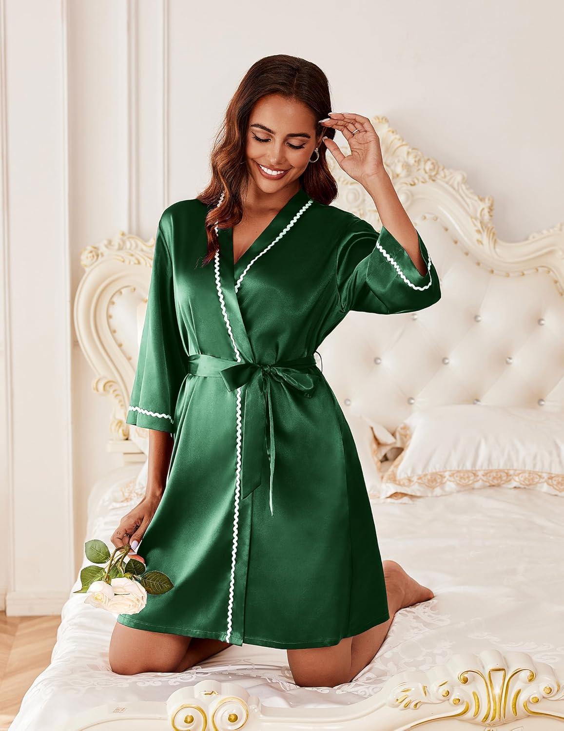 imageEkouaer Womens Satin Robe Short Bridesmaid Bride Feather Bridal Robe Kimono Silky Long Sleeve Bathrobe SXXLBgreen