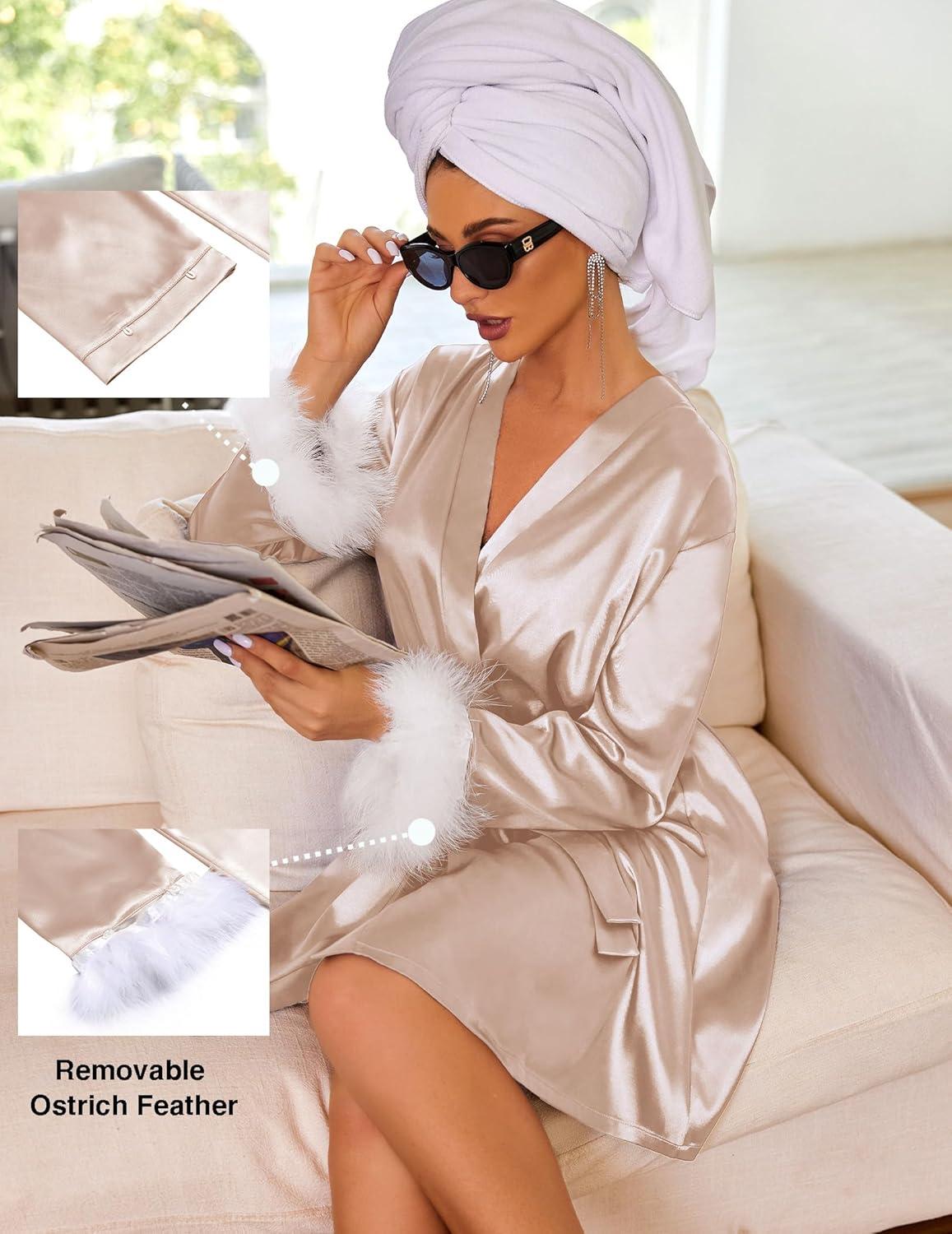 imageEkouaer Womens Satin Robe Short Bridesmaid Bride Feather Bridal Robe Kimono Silky Long Sleeve Bathrobe SXXLChampagne