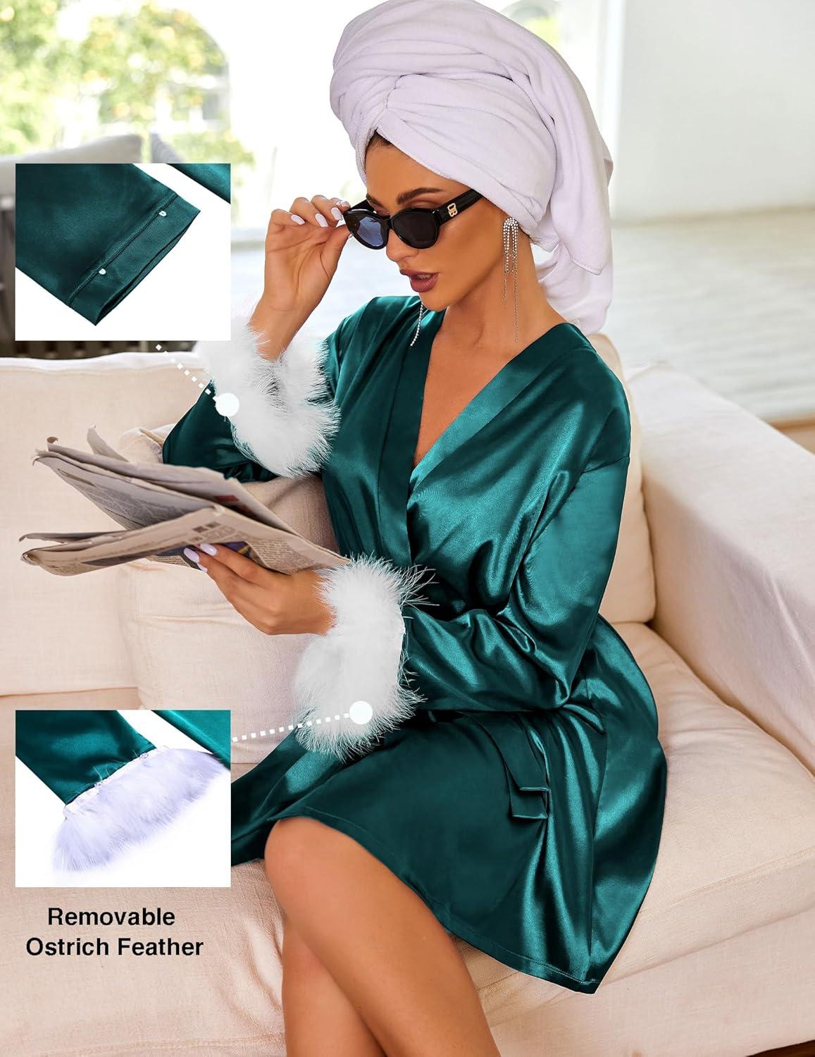 imageEkouaer Womens Satin Robe Short Bridesmaid Bride Feather Bridal Robe Kimono Silky Long Sleeve Bathrobe SXXLDark Green