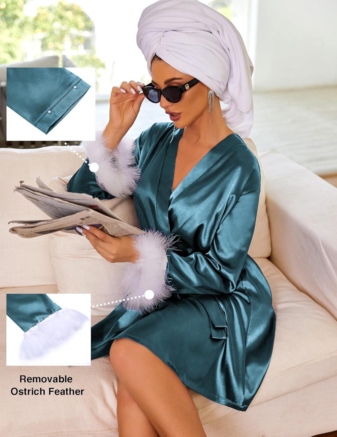 imageEkouaer Womens Satin Robe Short Bridesmaid Bride Feather Bridal Robe Kimono Silky Long Sleeve Bathrobe SXXLLake Green