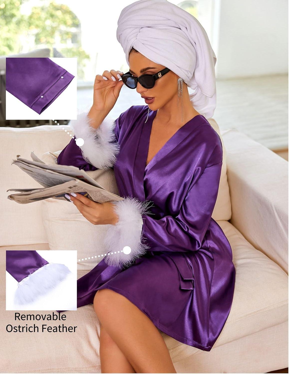 imageEkouaer Womens Satin Robe Short Bridesmaid Bride Feather Bridal Robe Kimono Silky Long Sleeve Bathrobe SXXLPurple