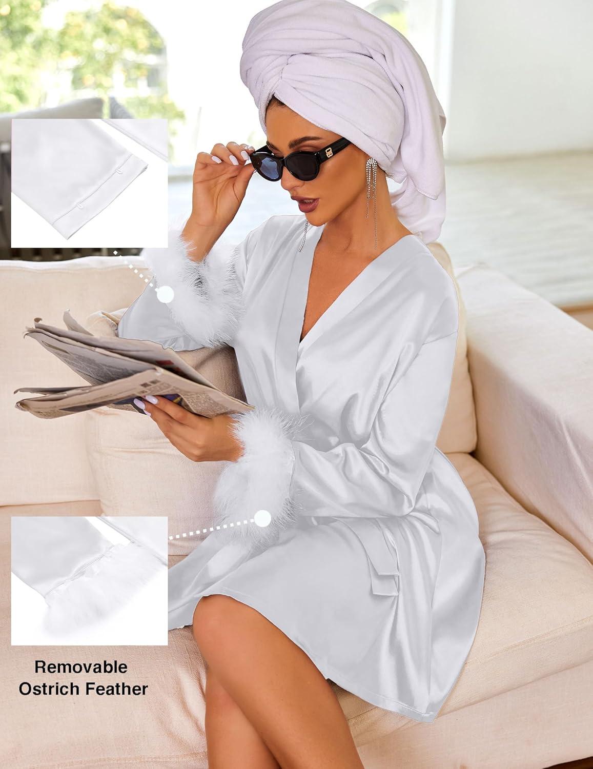 imageEkouaer Womens Satin Robe Short Bridesmaid Bride Feather Bridal Robe Kimono Silky Long Sleeve Bathrobe SXXLWhite