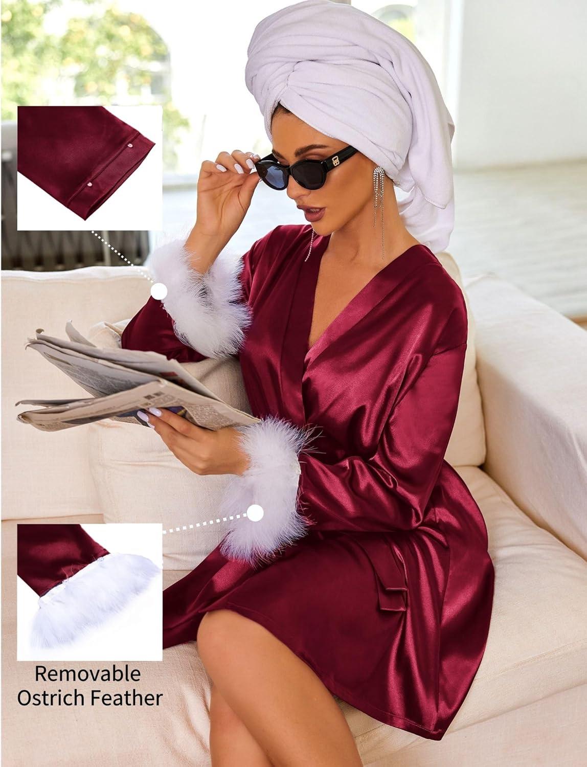 imageEkouaer Womens Satin Robe Short Bridesmaid Bride Feather Bridal Robe Kimono Silky Long Sleeve Bathrobe SXXLWine Red