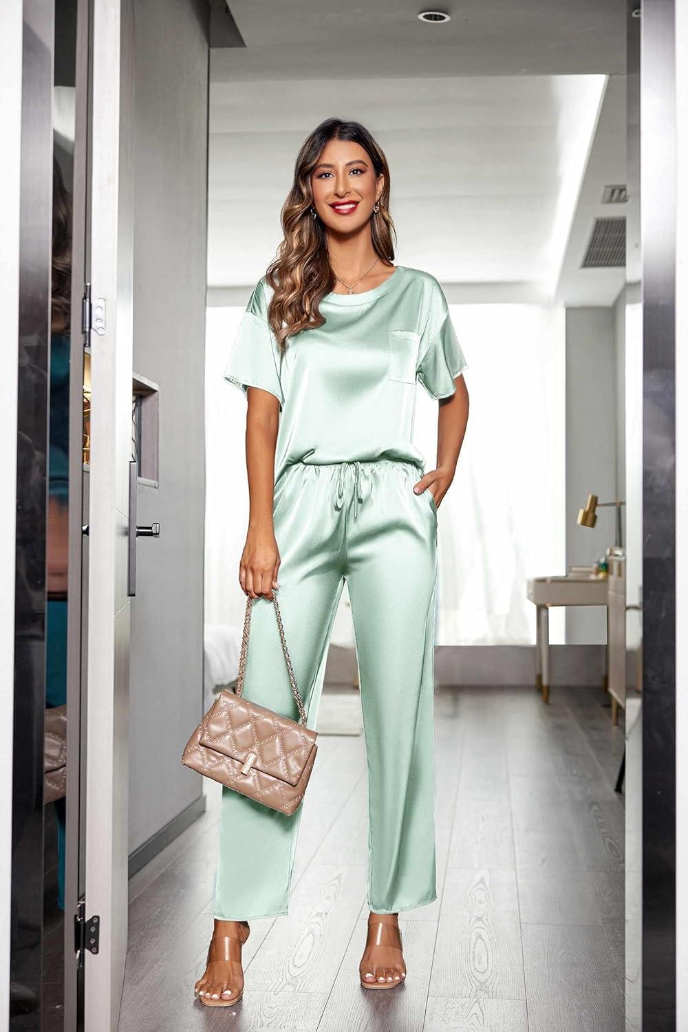 imageEkouaer Womens Satin Silky Pajama Set Short Sleeve Shirt with Long Pajama Pant Set Soft PJ LoungewearAqua Green