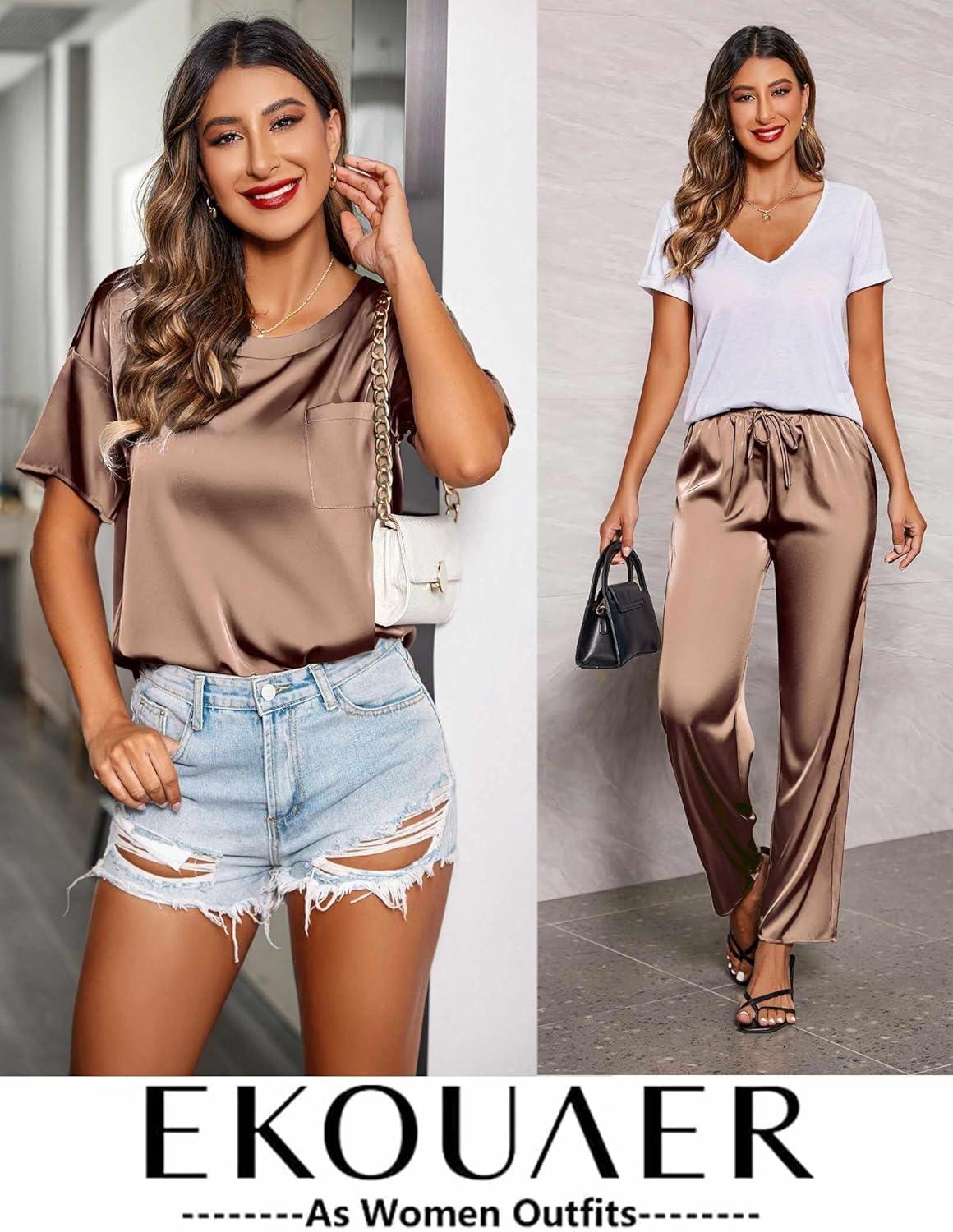 imageEkouaer Womens Satin Silky Pajama Set Short Sleeve Shirt with Long Pajama Pant Set Soft PJ LoungewearBrown