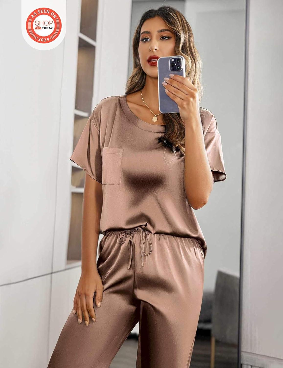 imageEkouaer Womens Satin Silky Pajama Set Short Sleeve Shirt with Long Pajama Pant Set Soft PJ LoungewearBrown