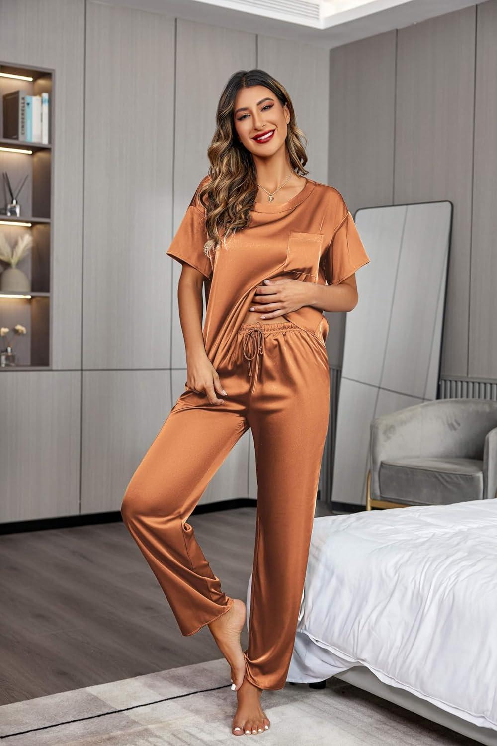 imageEkouaer Womens Satin Silky Pajama Set Short Sleeve Shirt with Long Pajama Pant Set Soft PJ LoungewearCaramel