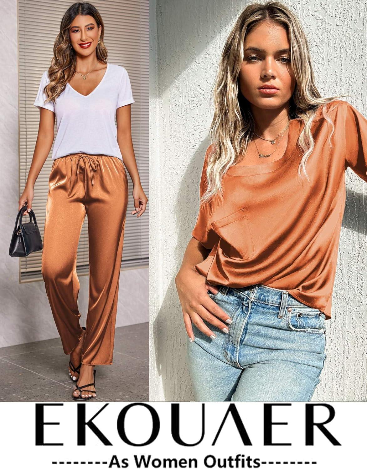 imageEkouaer Womens Satin Silky Pajama Set Short Sleeve Shirt with Long Pajama Pant Set Soft PJ LoungewearCaramel