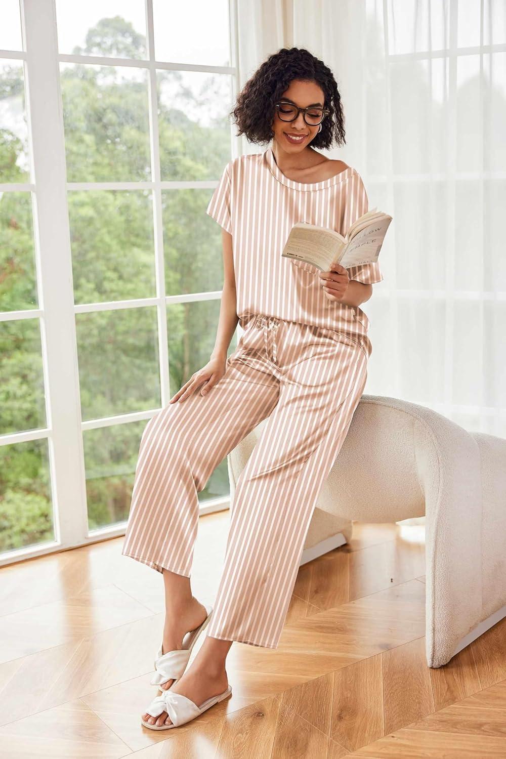 imageEkouaer Womens Satin Silky Pajama Set Short Sleeve Shirt with Long Pajama Pant Set Soft PJ LoungewearChampagne Striped
