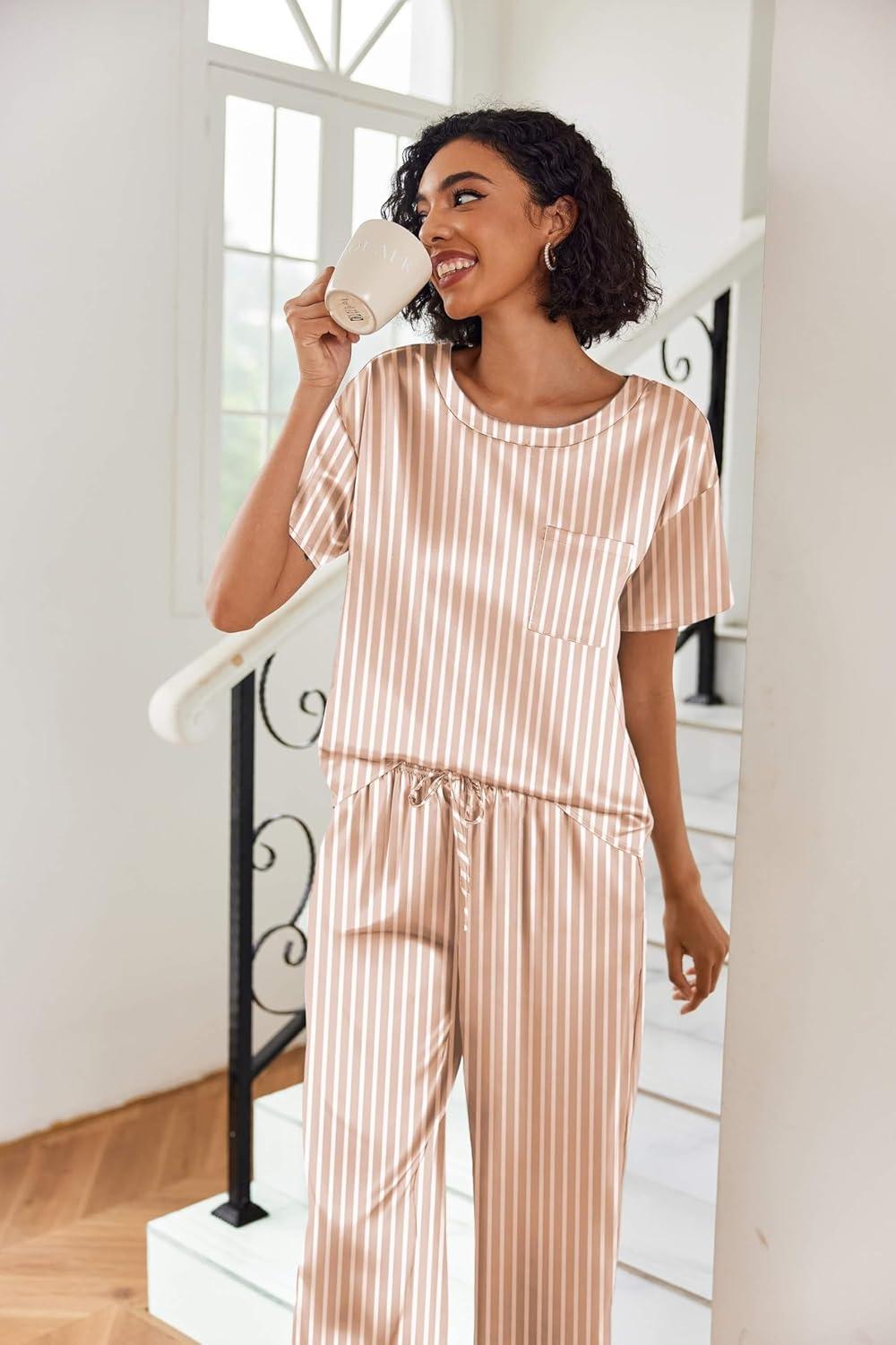 imageEkouaer Womens Satin Silky Pajama Set Short Sleeve Shirt with Long Pajama Pant Set Soft PJ LoungewearChampagne Striped