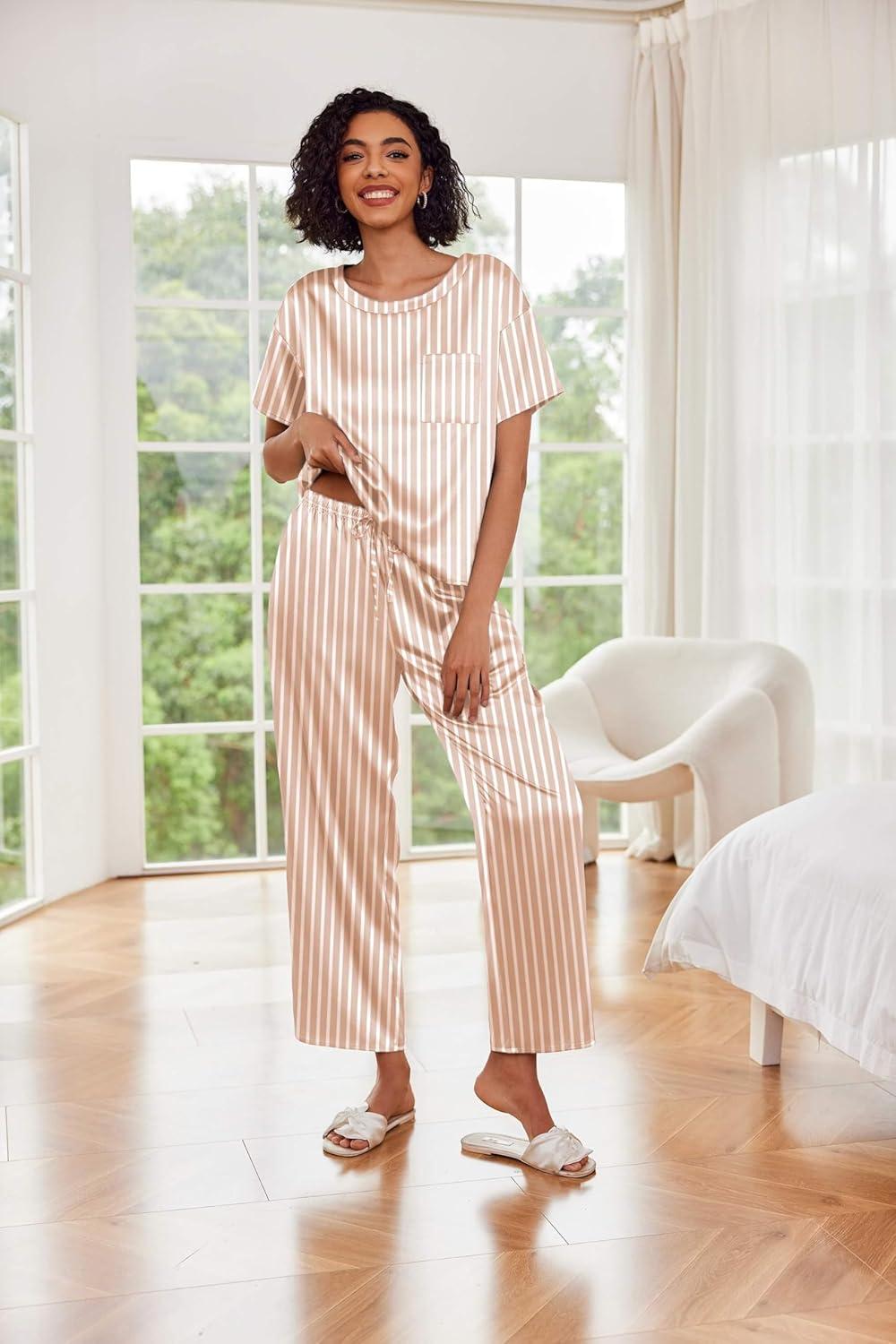 imageEkouaer Womens Satin Silky Pajama Set Short Sleeve Shirt with Long Pajama Pant Set Soft PJ LoungewearChampagne Striped