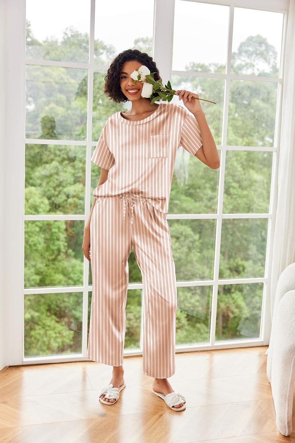 imageEkouaer Womens Satin Silky Pajama Set Short Sleeve Shirt with Long Pajama Pant Set Soft PJ LoungewearChampagne Striped
