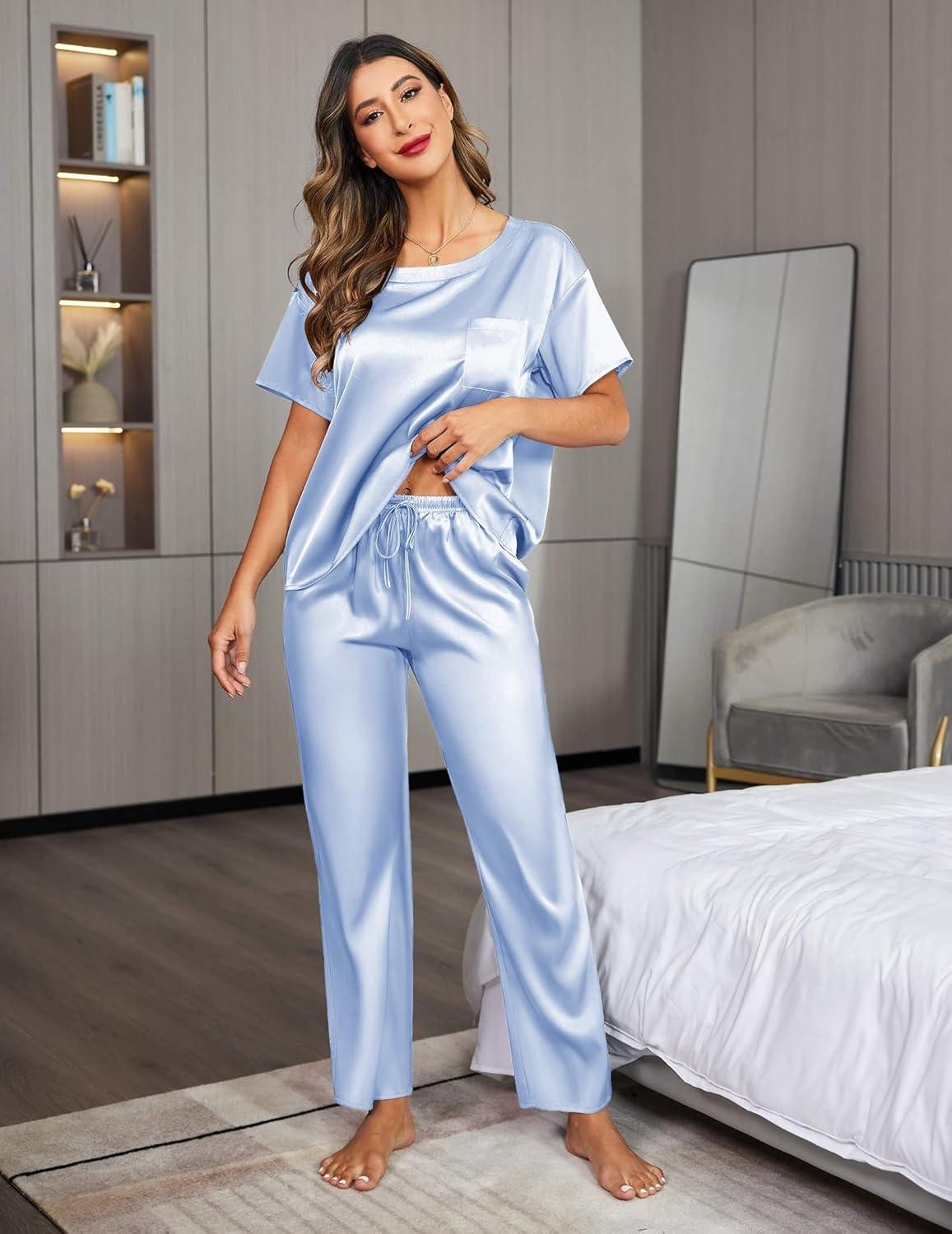 imageEkouaer Womens Satin Silky Pajama Set Short Sleeve Shirt with Long Pajama Pant Set Soft PJ LoungewearClear Blue
