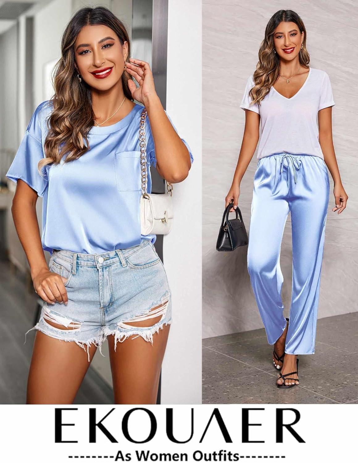 imageEkouaer Womens Satin Silky Pajama Set Short Sleeve Shirt with Long Pajama Pant Set Soft PJ LoungewearClear Blue