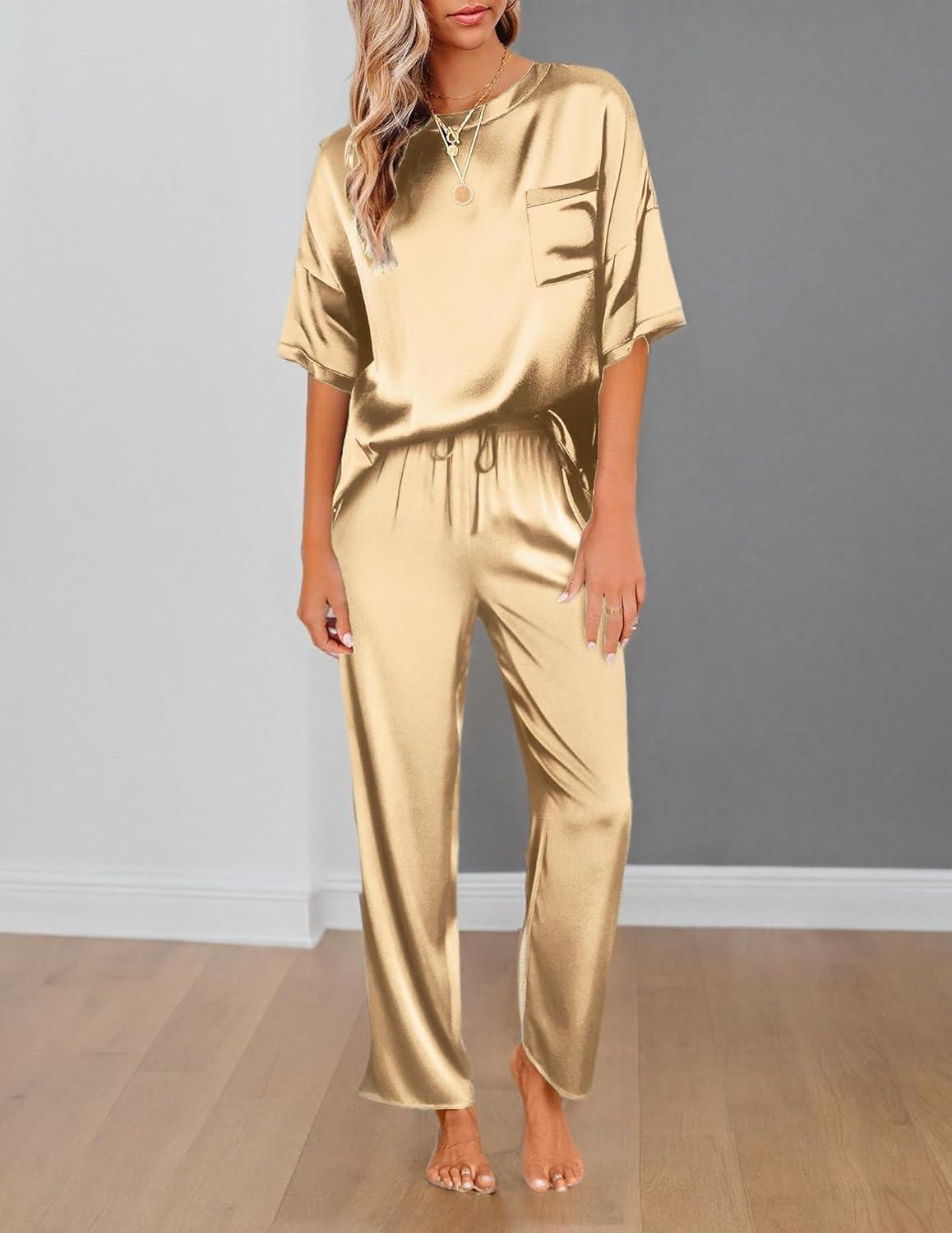 imageEkouaer Womens Satin Silky Pajama Set Short Sleeve Shirt with Long Pajama Pant Set Soft PJ LoungewearGold