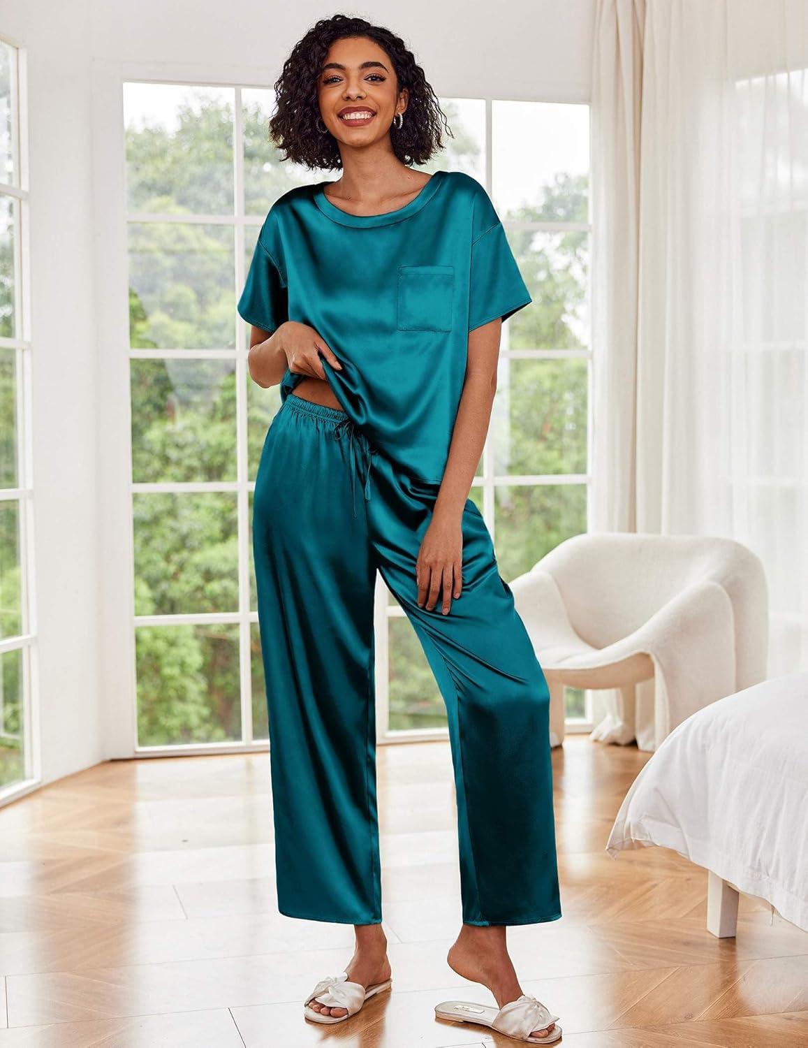 imageEkouaer Womens Satin Silky Pajama Set Short Sleeve Shirt with Long Pajama Pant Set Soft PJ LoungewearGreen