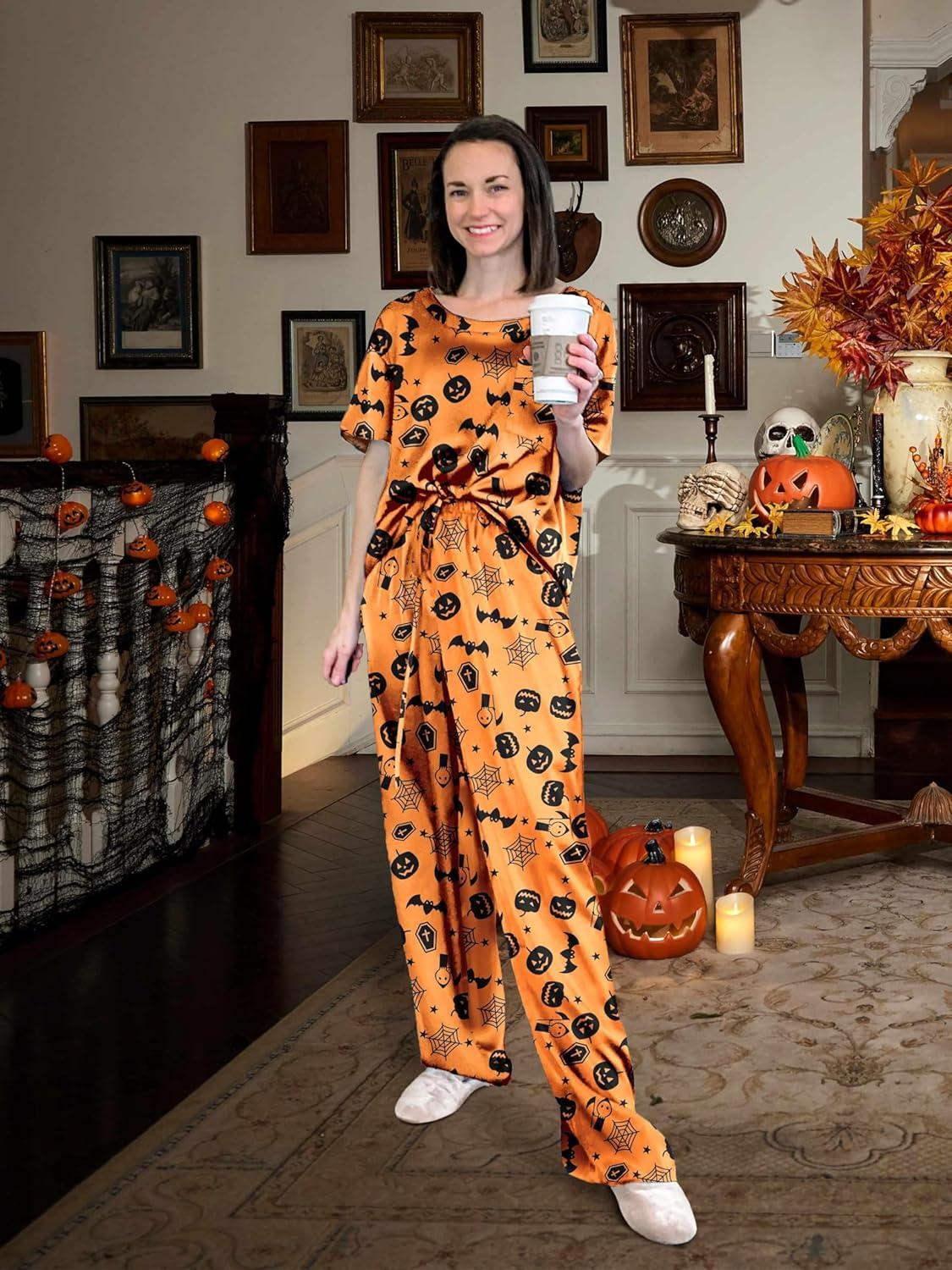 imageEkouaer Womens Satin Silky Pajama Set Short Sleeve Shirt with Long Pajama Pant Set Soft PJ LoungewearHalloween