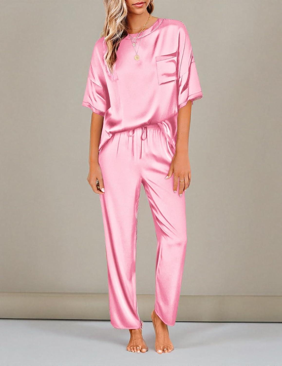 imageEkouaer Womens Satin Silky Pajama Set Short Sleeve Shirt with Long Pajama Pant Set Soft PJ LoungewearHot Pink