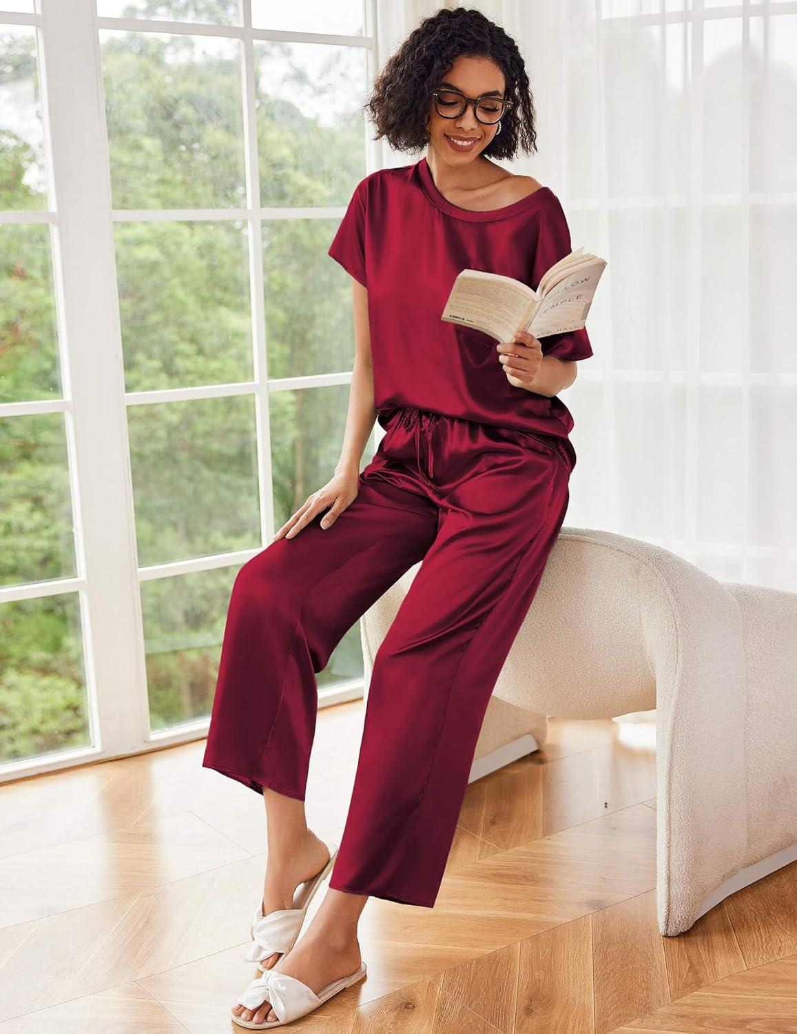 imageEkouaer Womens Satin Silky Pajama Set Short Sleeve Shirt with Long Pajama Pant Set Soft PJ LoungewearWine Red