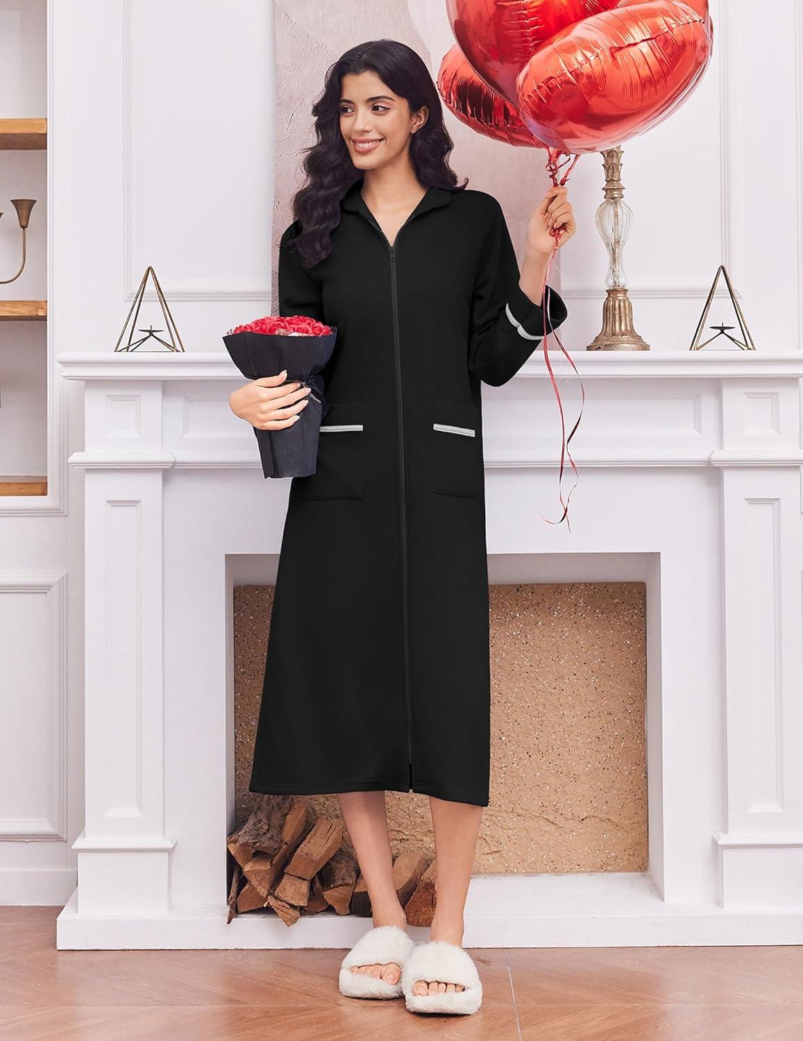 imageEkouaer Womens Zipper Robes Long Sleeve Loungewear Knee Length Housecoat Fleece Bathrobe with Pockets SXXLBlack