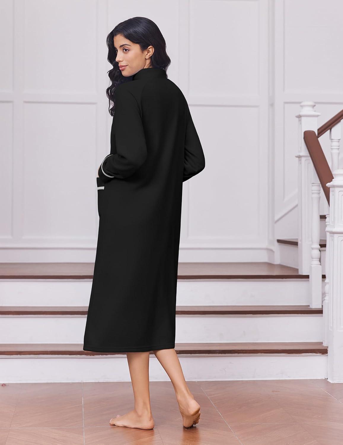 imageEkouaer Womens Zipper Robes Long Sleeve Loungewear Knee Length Housecoat Fleece Bathrobe with Pockets SXXLBlack